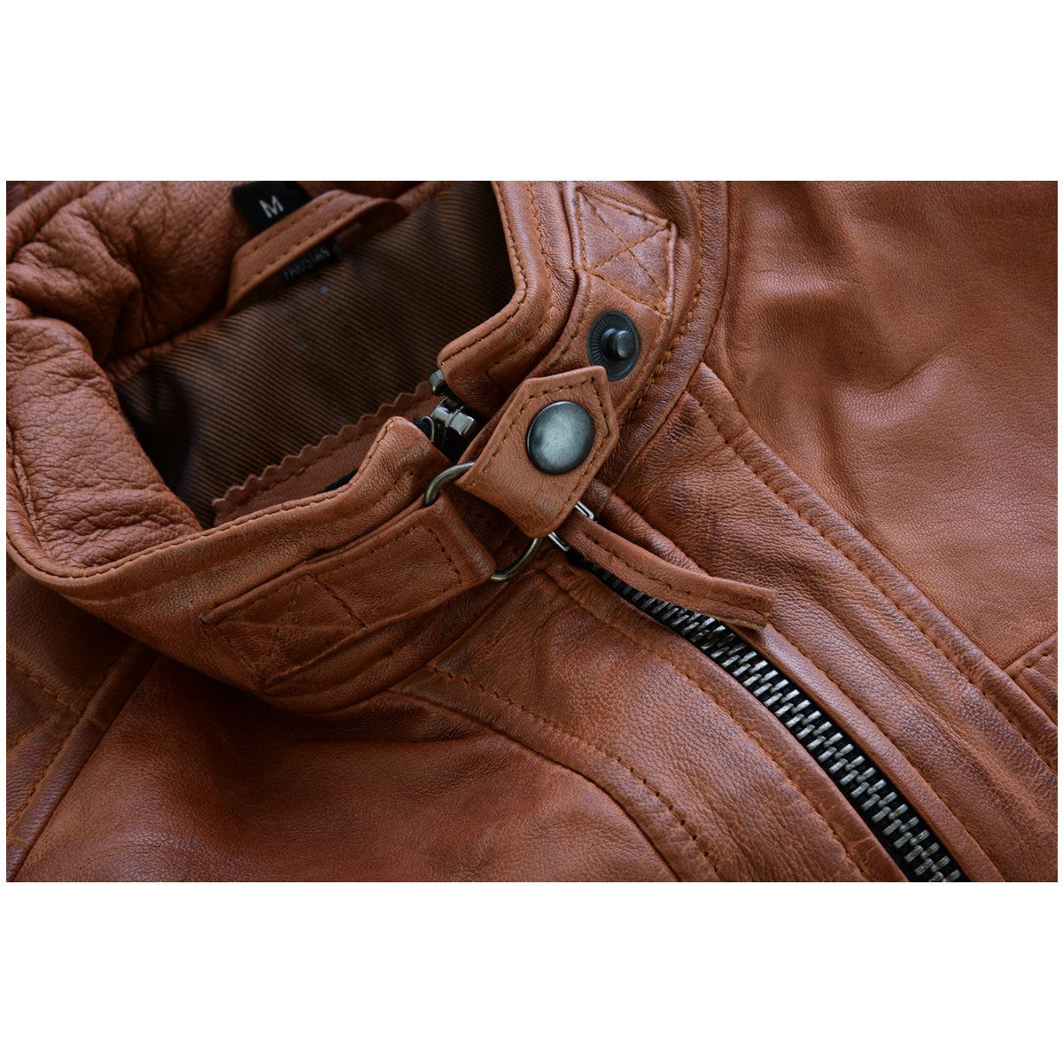 Vance Leather Men's Cafe Racer Waxed Lambskin Austin Brown Motorcycle Leather Jacket- Detail