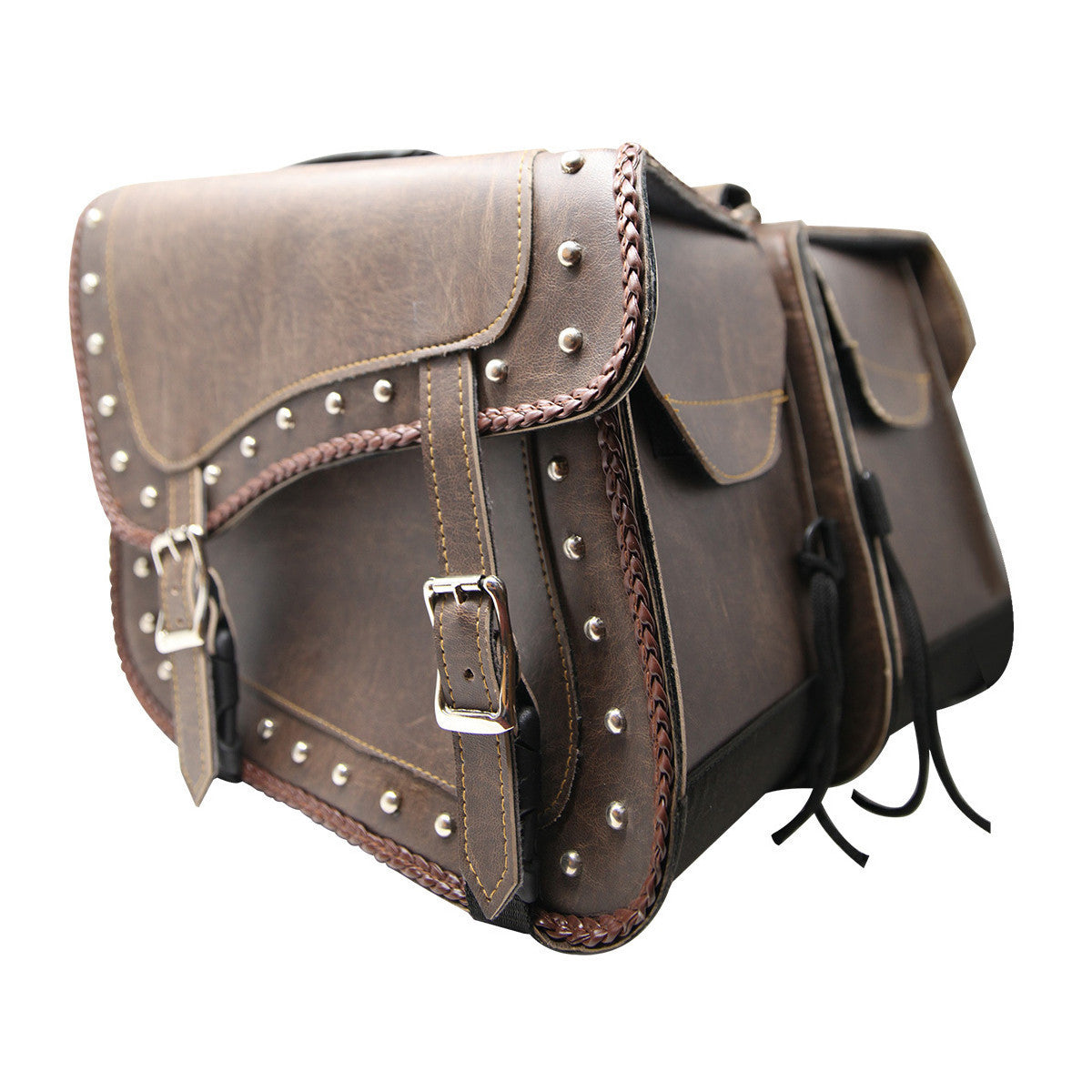 Vance VS205DBS Distressed Brown Studded Concealed Carry Motorcycle Saddlebags for Honda Yamaha Kawasaki Indian and Harley Davidson Motorcycles-Detail-View