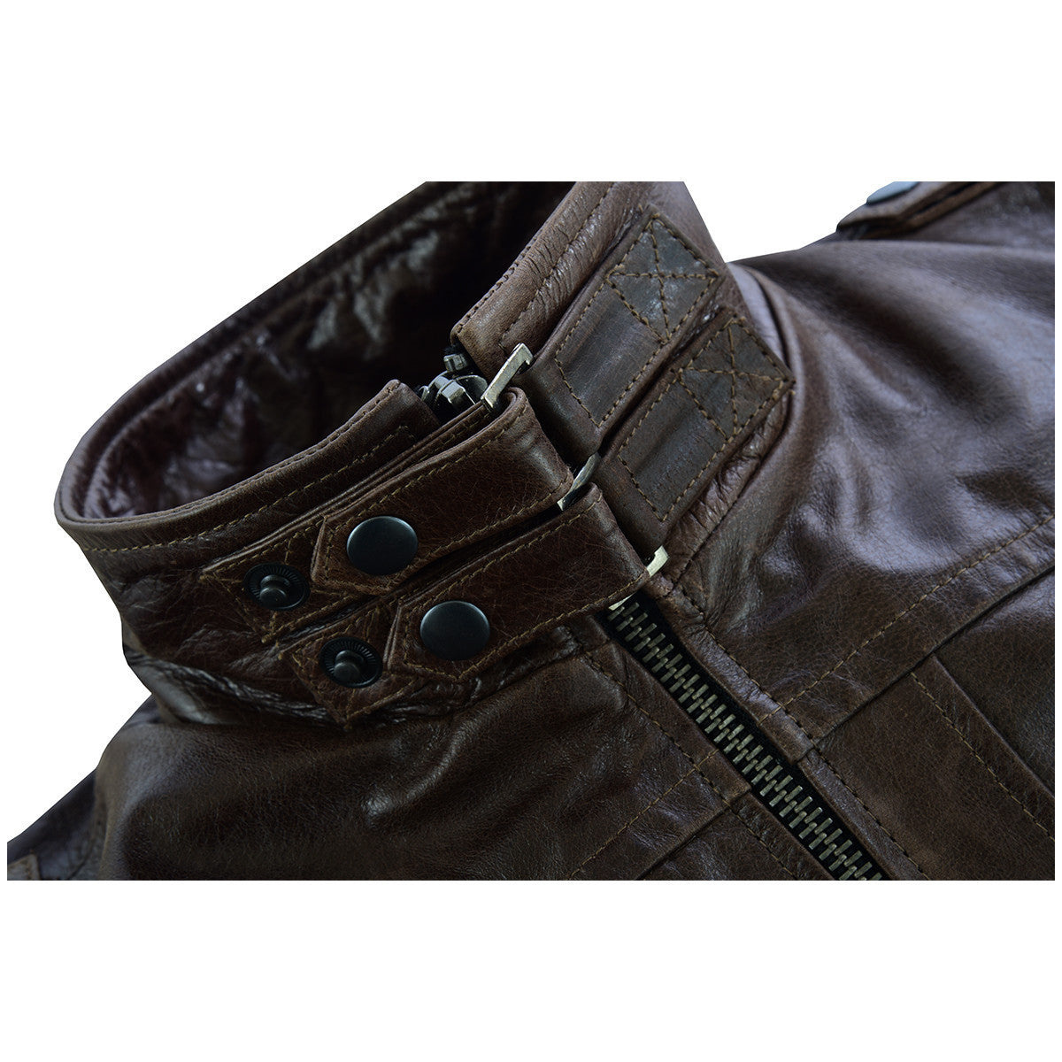 Vance Leather VL551Br Men's Vincent Brown Waxed Lambskin Motorcycle Leather Jacket - Detail-View