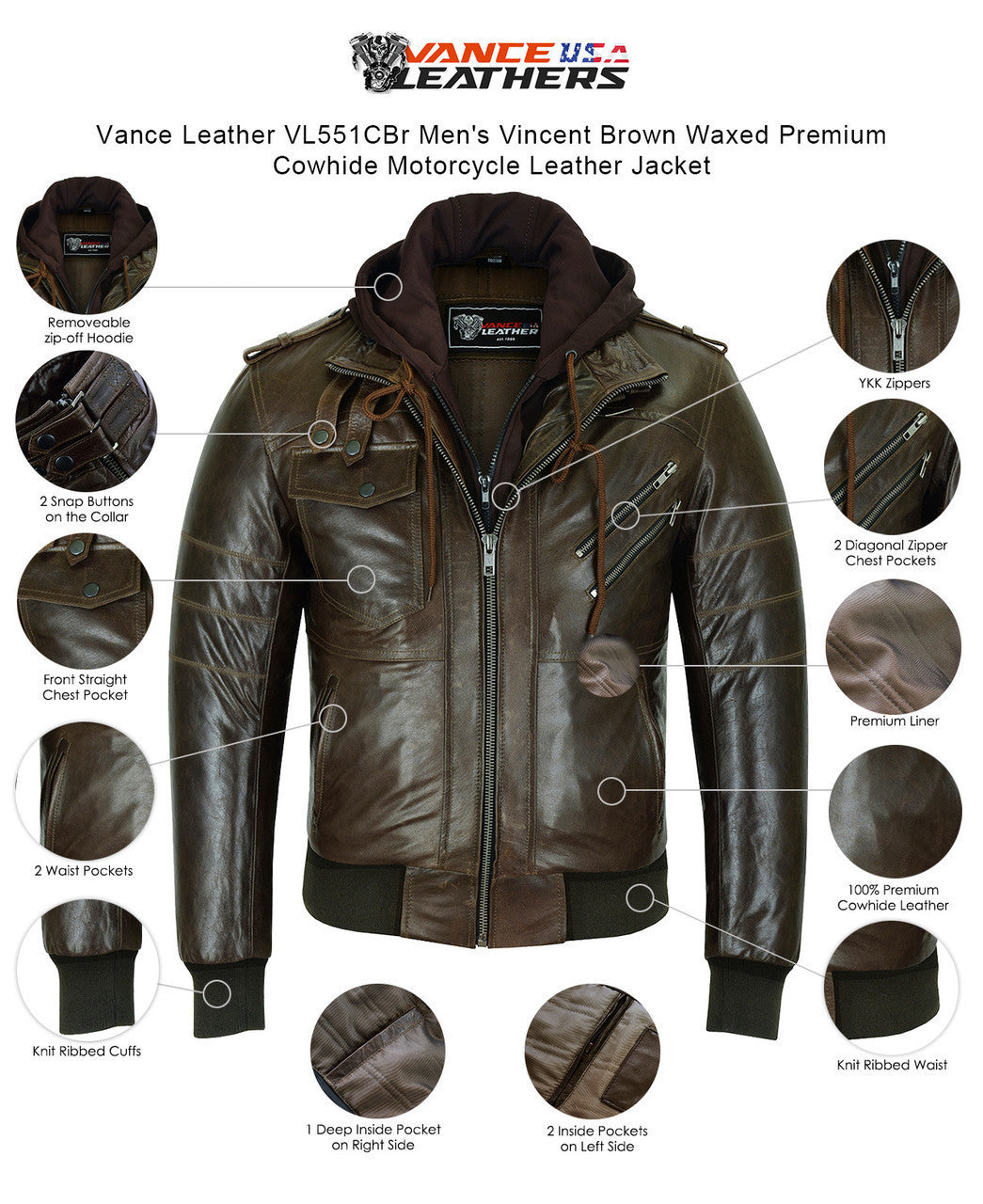 Vance Leather VL551Br Men's Vincent Brown Waxed Lambskin Motorcycle Leather Jacket - Info-graphics