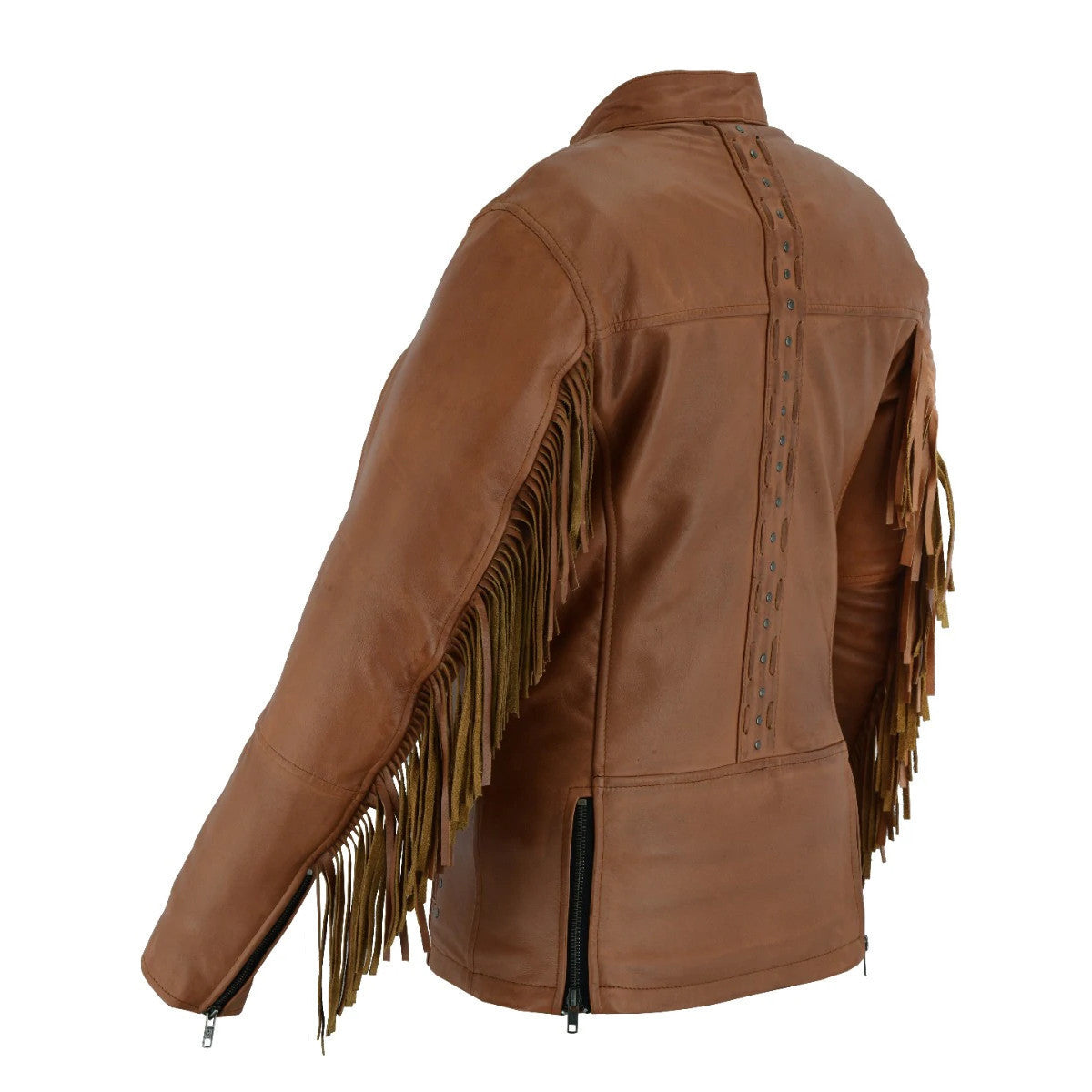 High Mileage HML703T Women's Fringe and Rivet Detail Premium Lightweight Brown Leather Lady Biker Motorcycle Fashion Jacket - Rear View