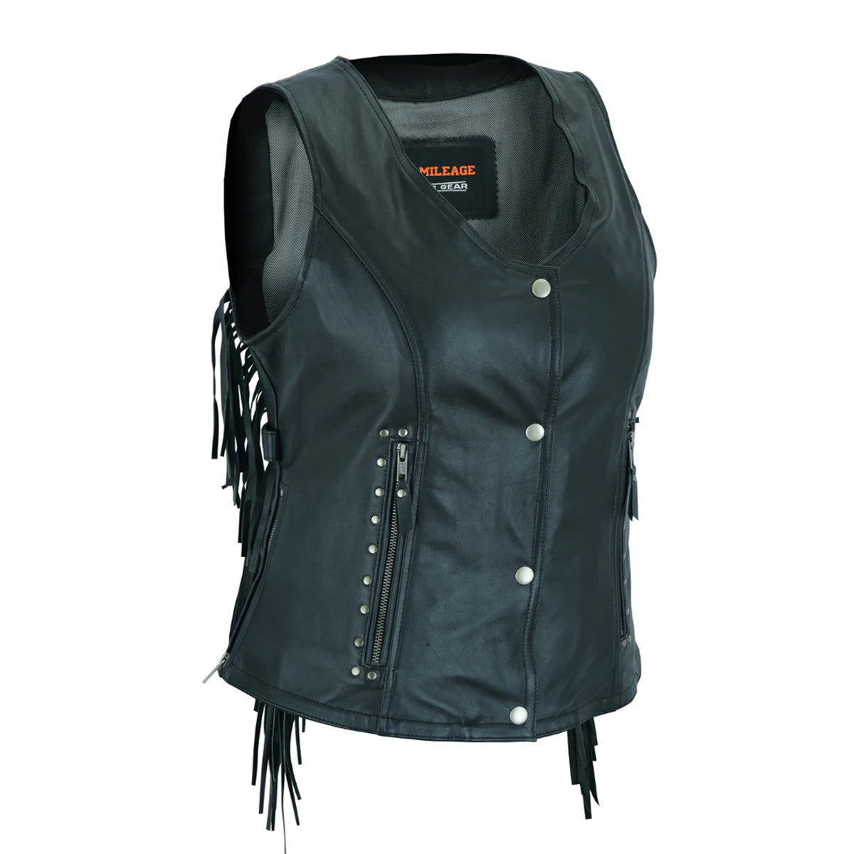 High Mileage HML1104B Ladies Premium Black Vest with Fringes and Rivets