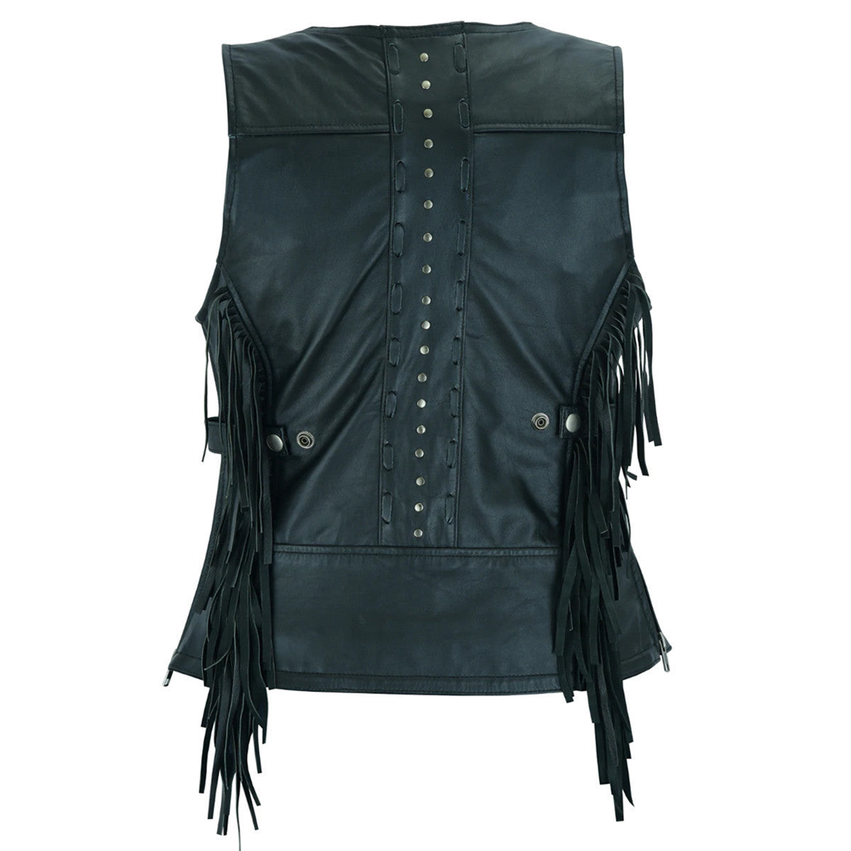 High Mileage HML1104B Ladies Premium Black Vest with Fringes and Rivets - Back View