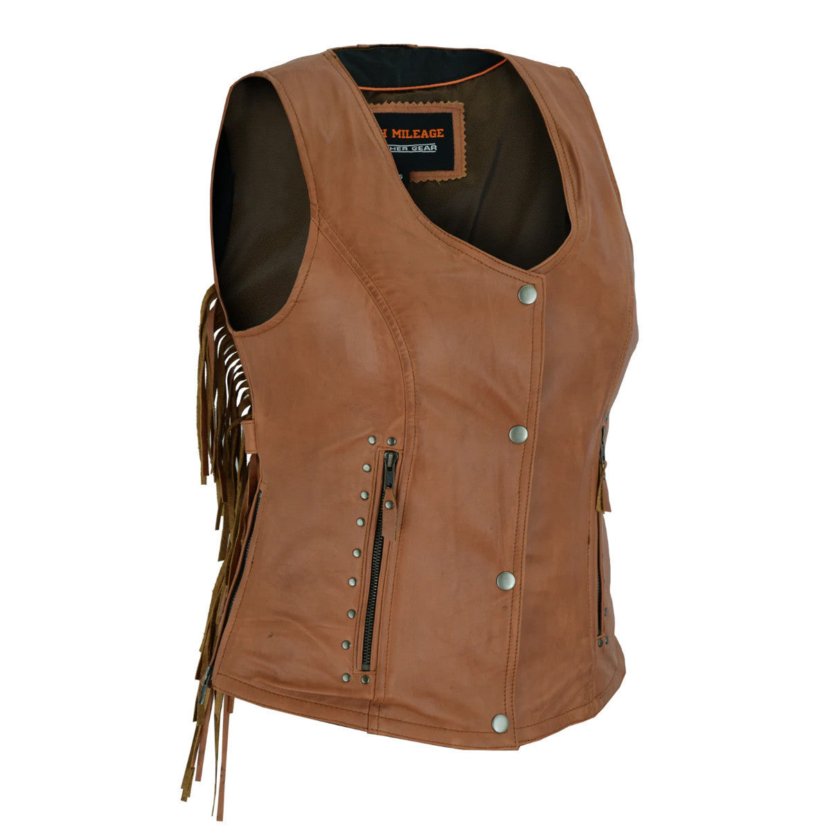 High Mileage HML1103T Ladies Premium Brown Vest with Fringes and Rivets