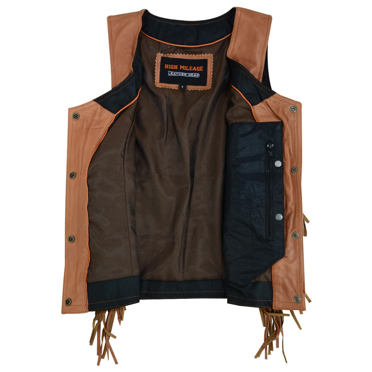 High Mileage HML1103T Ladies Premium Brown Vest with Fringes and Rivets  - Open View