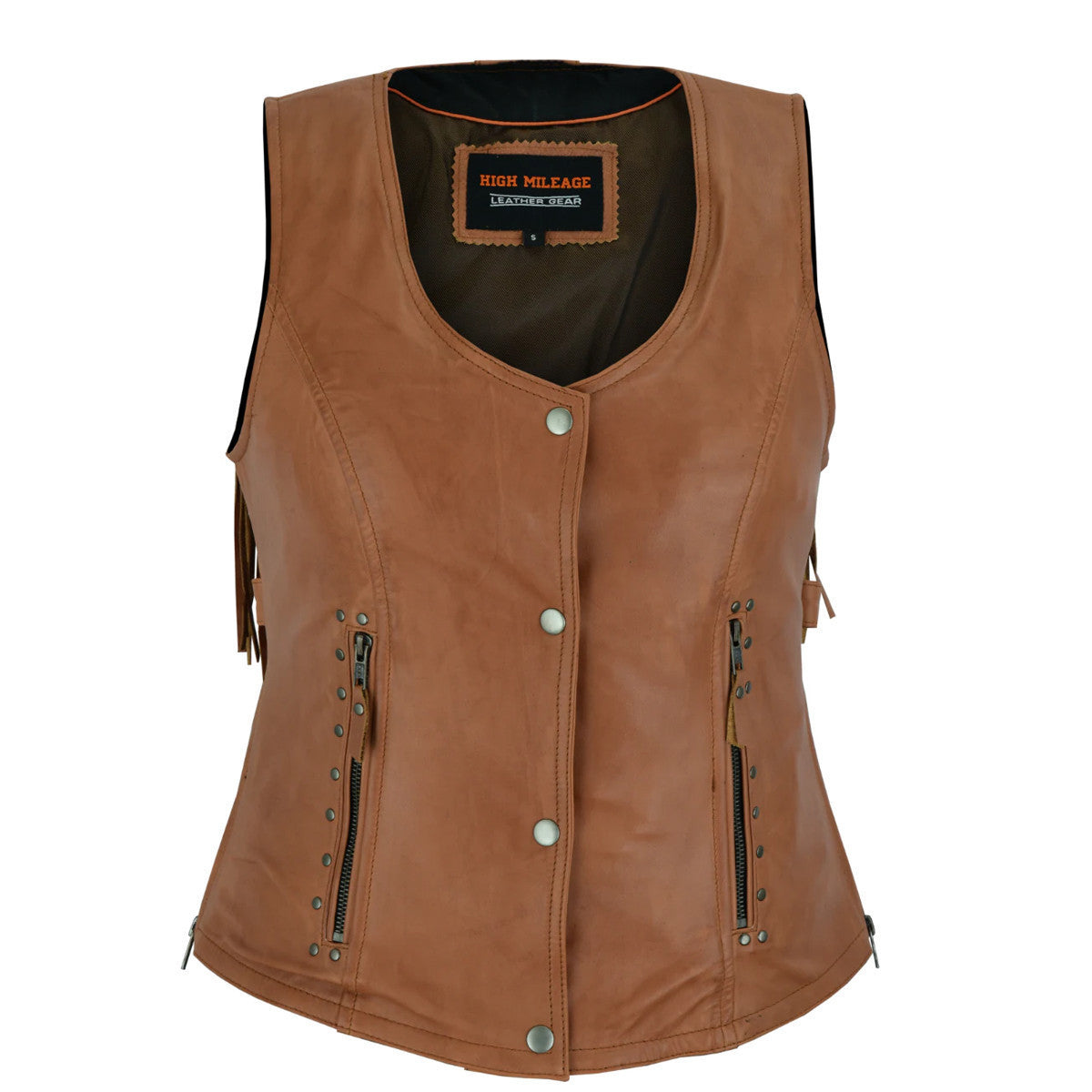 High Mileage HML1103T Ladies Premium Brown Vest with Fringes and Rivets  - Open View