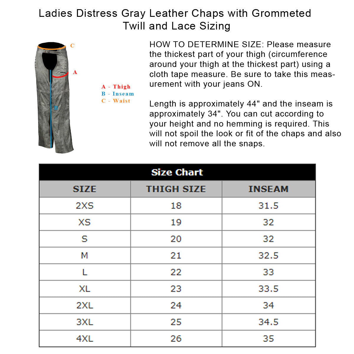 High Mileage HML838DG Women's Vintage Distressed Gray Soft Goatskin Lady Biker Motorcycle Leather Chaps with Grommeted Twill and Lace - Sizing