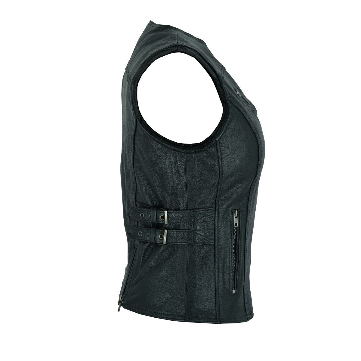 High-Mileage-Womens-Black-Premium-Cowhide-Biker-Motorcycle-Leather-Vest-Buckles-side-view