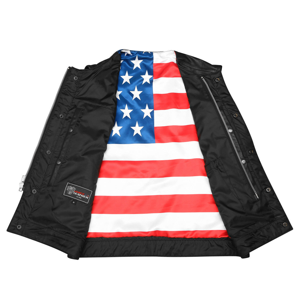 High-Mileage-HMM929-Mens-Zipper-Snap-Closure-Collarless-Leather-Club-Vest-American-Flag-Liner-Inner View