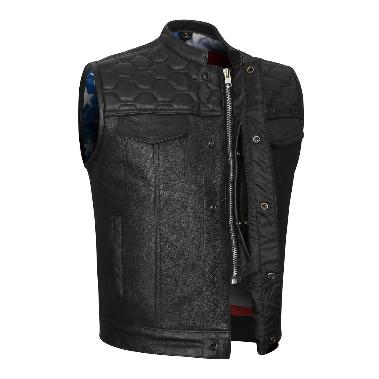 High-Mileage-HMM914P-Men's-Zipper-Snap-Closure-Leather-Club-Vest-padding-Quick Access-American-Flag-Liner-main