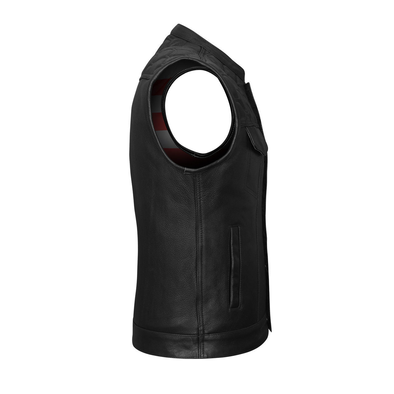 High-Mileage-HMM914P-Men's-Zipper-Snap-Closure-Leather-Club-Vest-padding-Quick Access-American-Flag-Liner-side