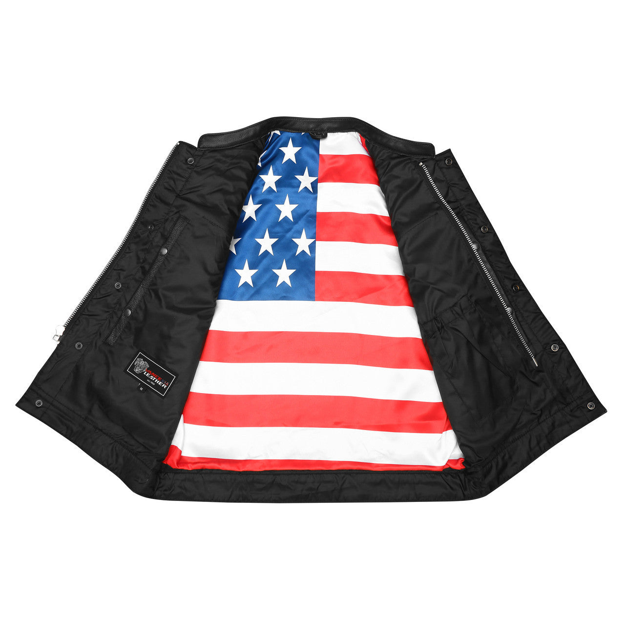 High-Mileage-HMM914P-Men's-Zipper-Snap-Closure-Leather-Club-Vest-padding-Quick Access-American-Flag-Liner-open-front