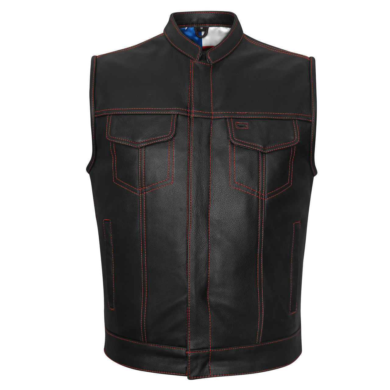 High-Mileage-HMM924R-Men's-Zipper-Snap-Closure-Collarles-Leather-Club-Vest-American-Flag-Liner-Red-Stitching-front