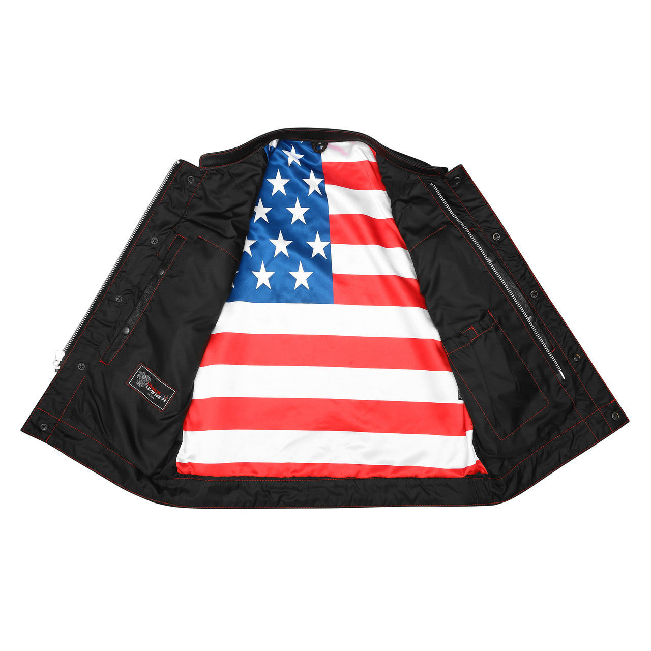 High-Mileage-HMM924R-Men's-Zipper-Snap-Closure-Collarles-Leather-Club-Vest-American-Flag-Liner-Red-Stitching-open-front