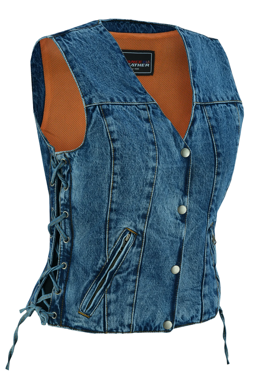 Womens-Blue-Denim-V-Neck-Vest-Snap-opening-side-laces-main