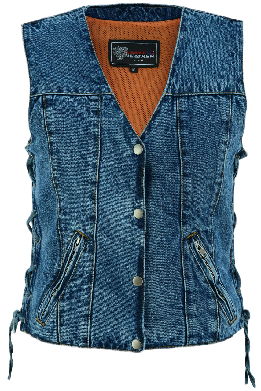 Womens-Blue-Denim-V-Neck-Vest-Snap-opening-side-laces-front