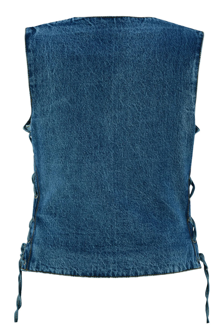 Womens-Blue-Denim-V-Neck-Vest-Snap-opening-side-laces-back