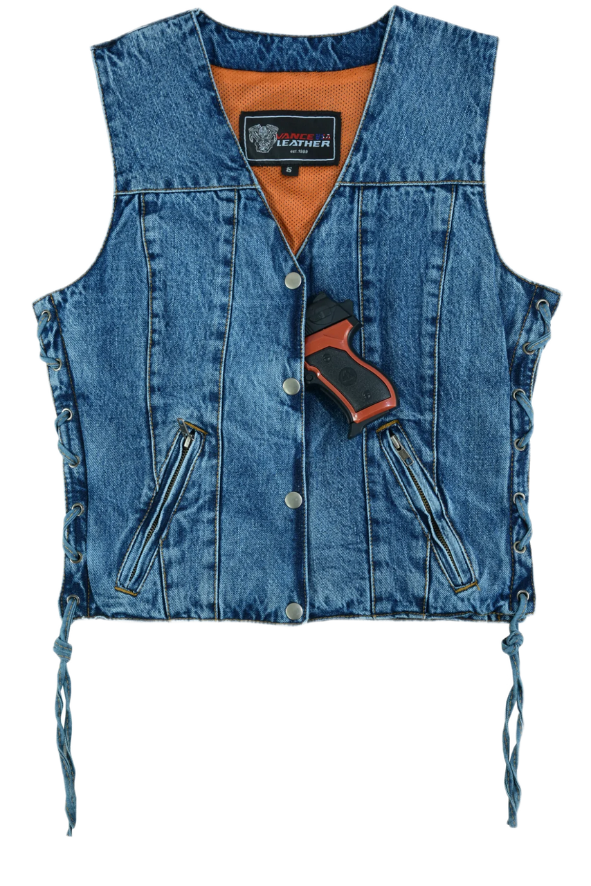 Womens-Blue-Denim-V-Neck-Vest-Snap-opening-side-laces-front