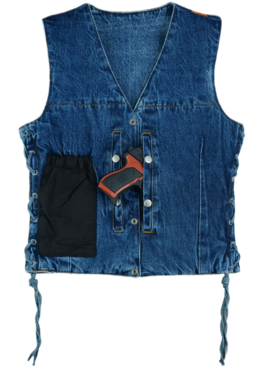 Womens-Blue-Denim-V-Neck-Vest-Snap-opening-side-laces-front