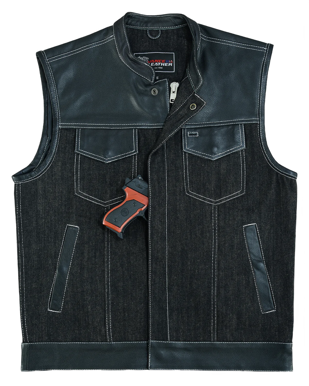 Mens-Denim-Leather-Vest-with-White-Stitching-front