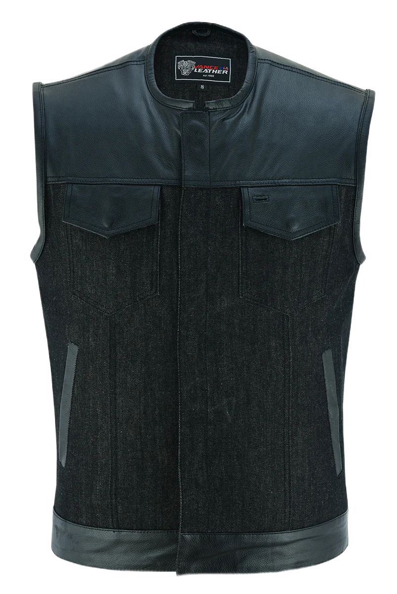 Mens-Collarless-Black-Denim-Leather-Vest-front