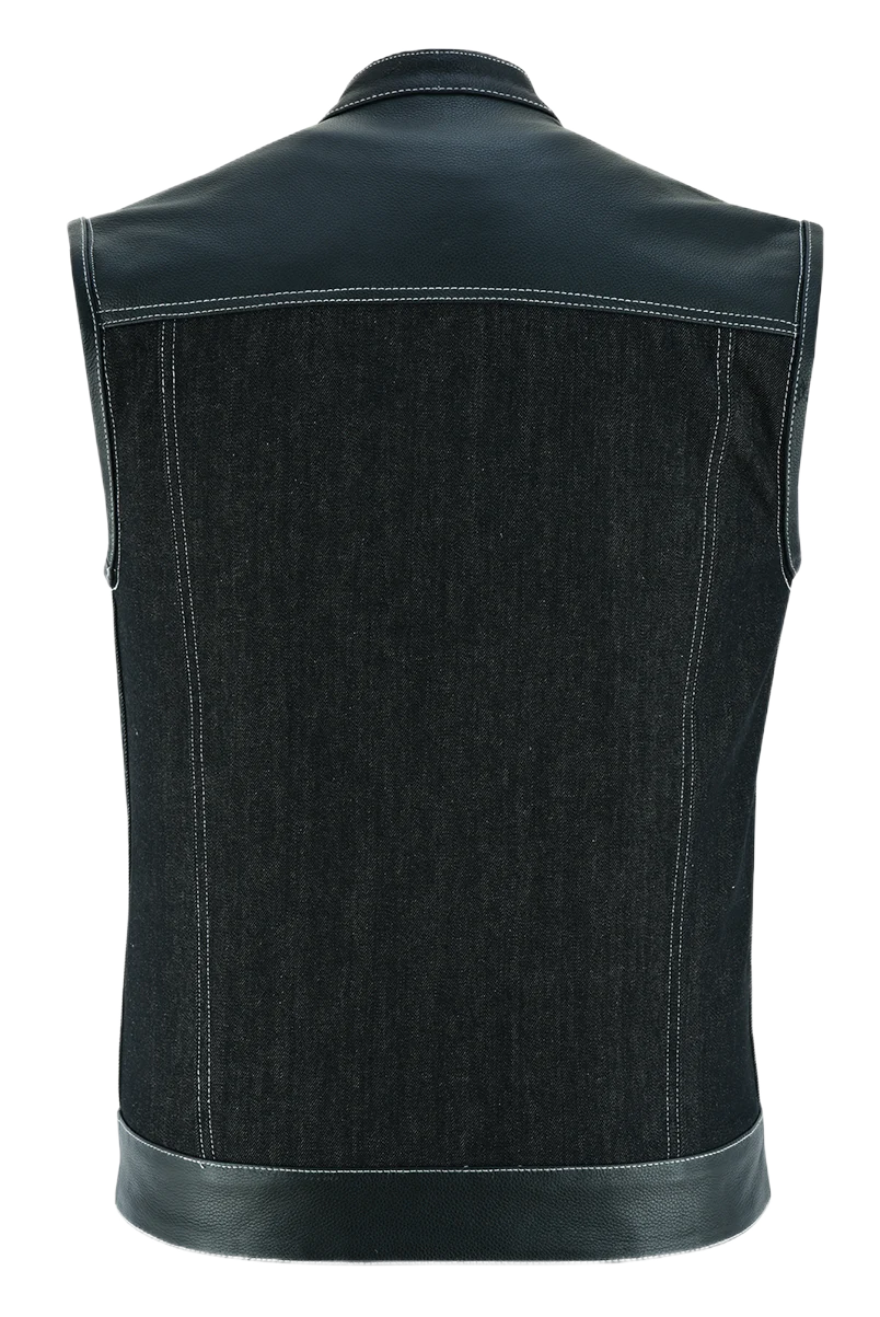 Mens-Collarless-Black-Denim-Leather-Vest-back