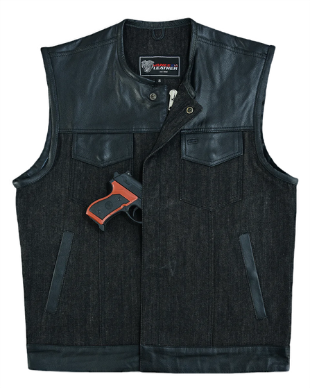 Mens-Collarless-Black-Denim-Leather-Vest-front