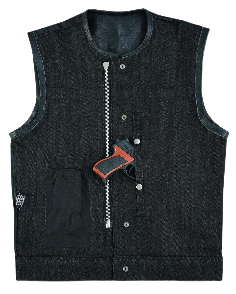 Mens-Collarless-Black-Denim-Leather-Vest-front