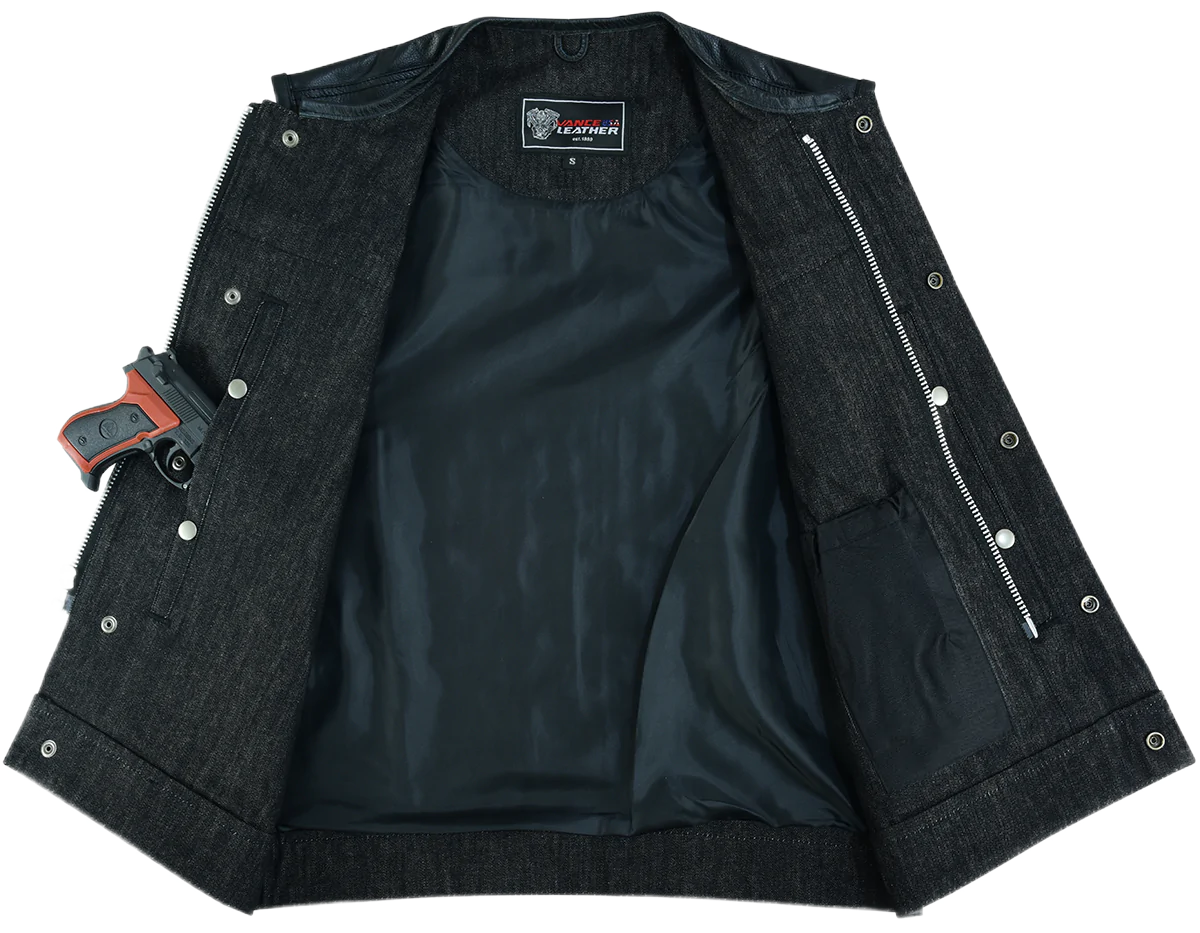 Mens-Collarless-Black-Denim-Leather-Vest-open-front