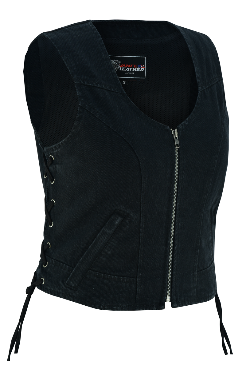 Womens-Black-Blue-Denim-V-Neck-Vest-Zipper-side-laces-main