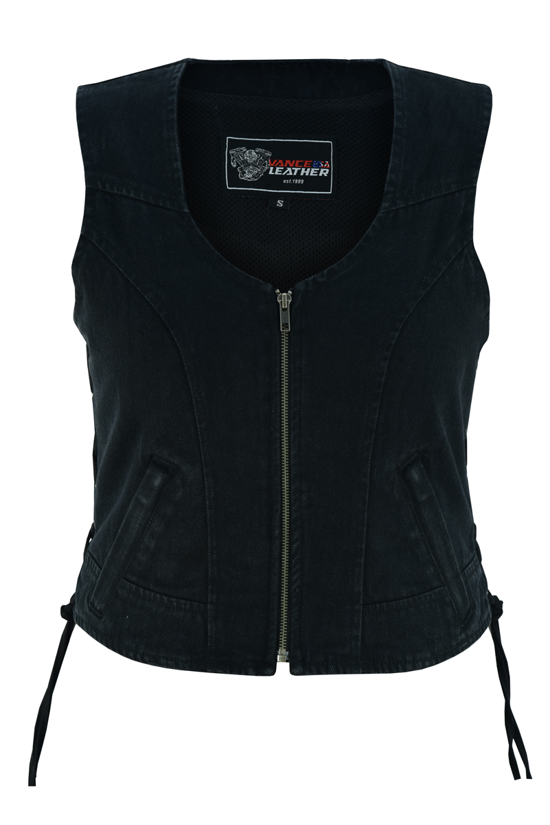 Womens-Black-Blue-Denim-V-Neck-Vest-Zipper-side-laces-front