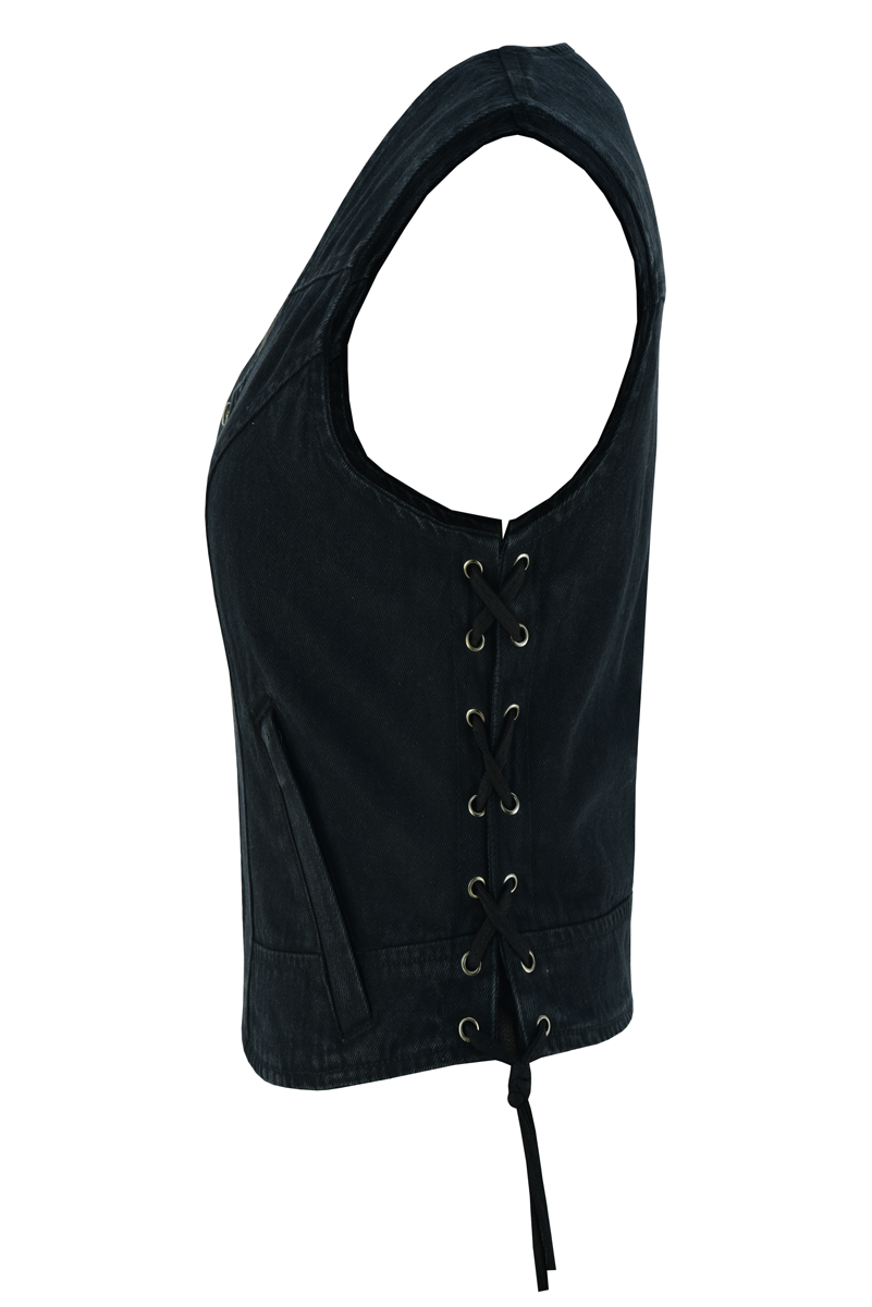 Womens-Black-Blue-Denim-V-Neck-Vest-Zipper-side-laces-side