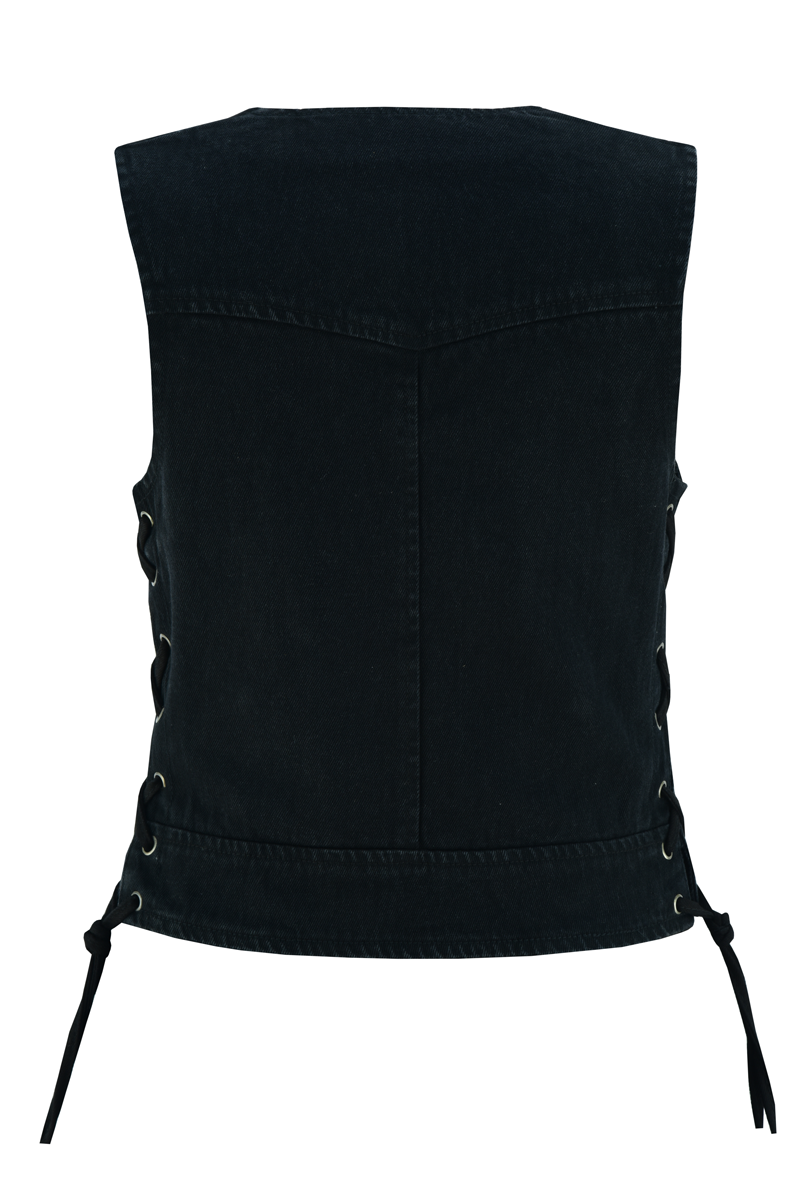 Womens-Black-Blue-Denim-V-Neck-Vest-Zipper-side-laces-back