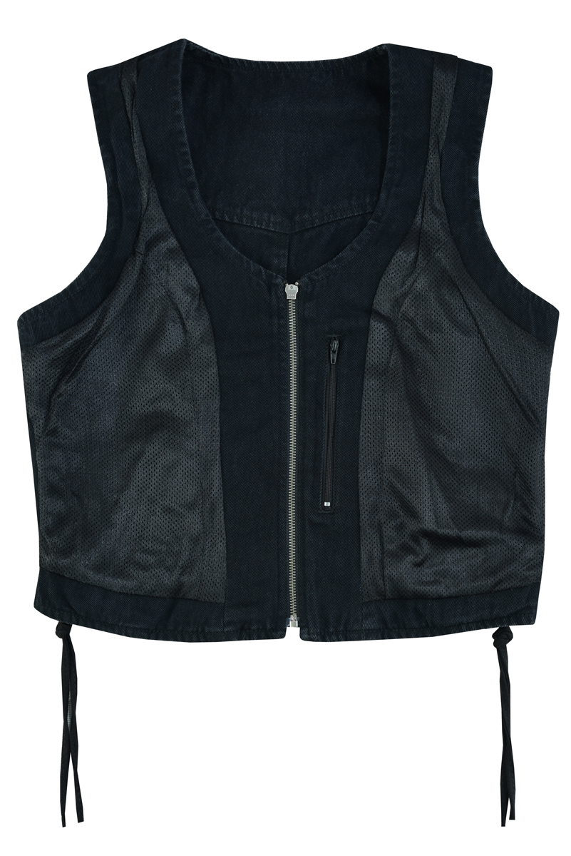 Womens-Black-Blue-Denim-V-Neck-Vest-Zipper-side-laces-front