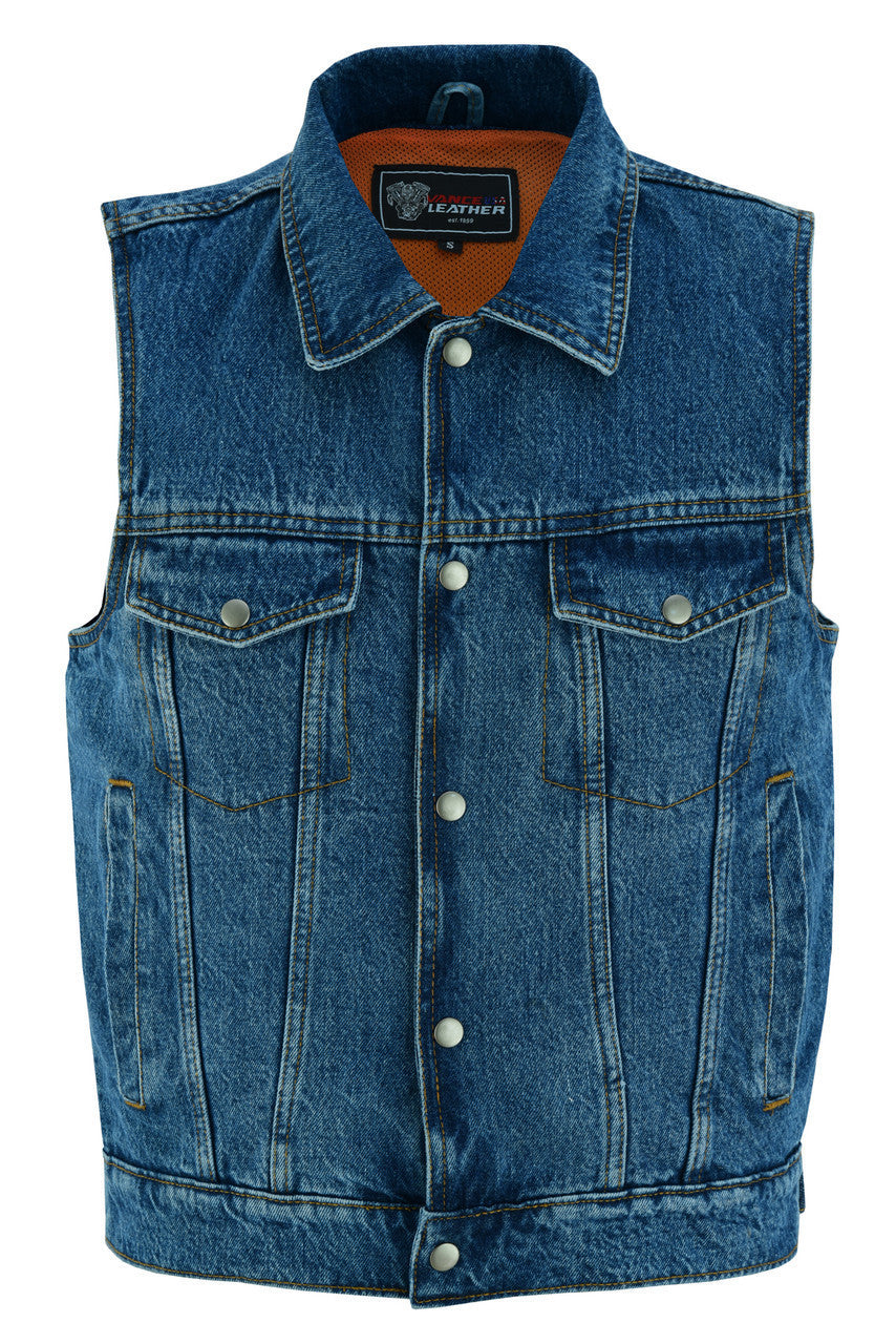 Vance VB917BL Mens Blue Jean Style Denim Motorcycle Vest-front