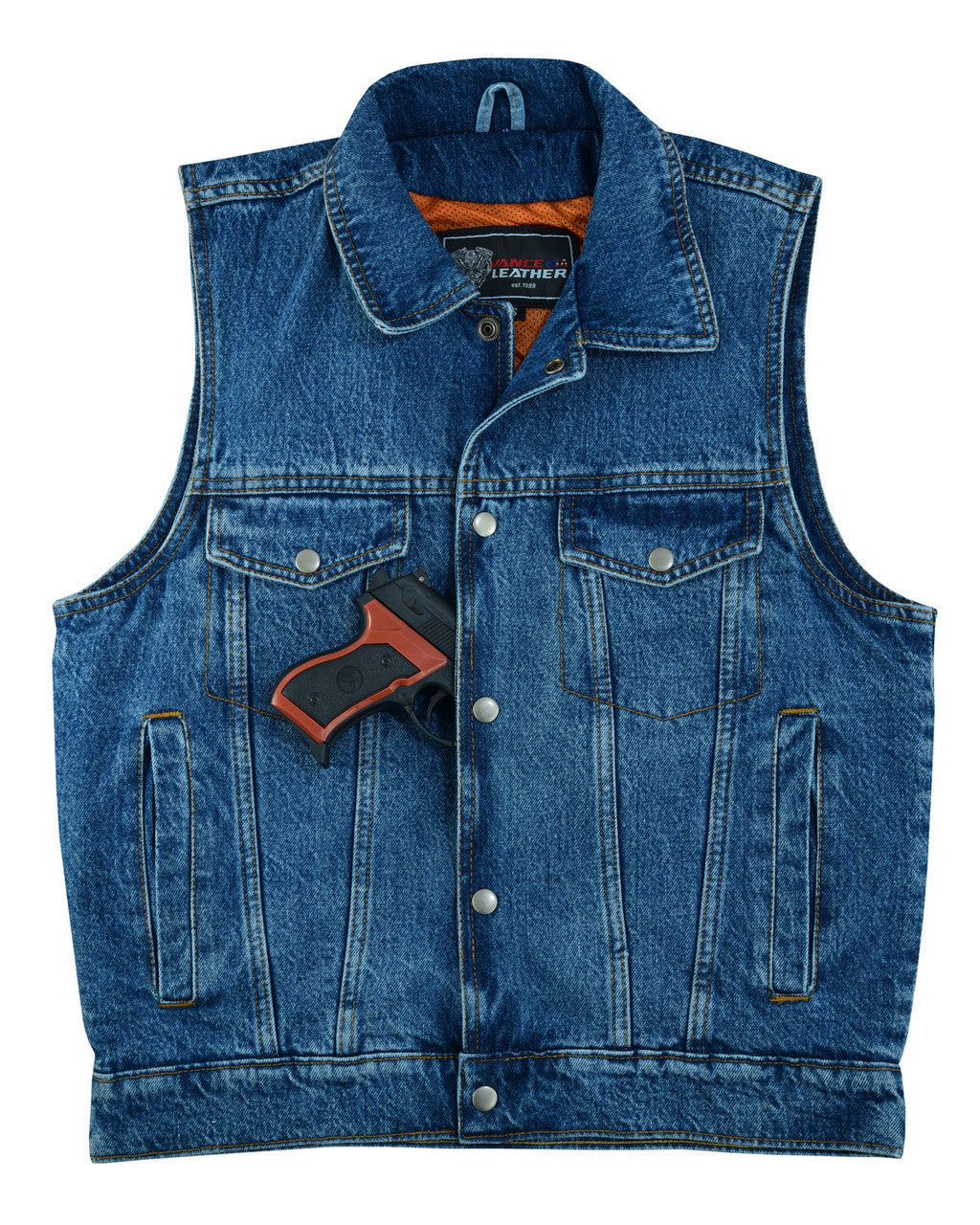 Vance VB917BL Mens Blue Jean Style Denim Motorcycle Vest-detail