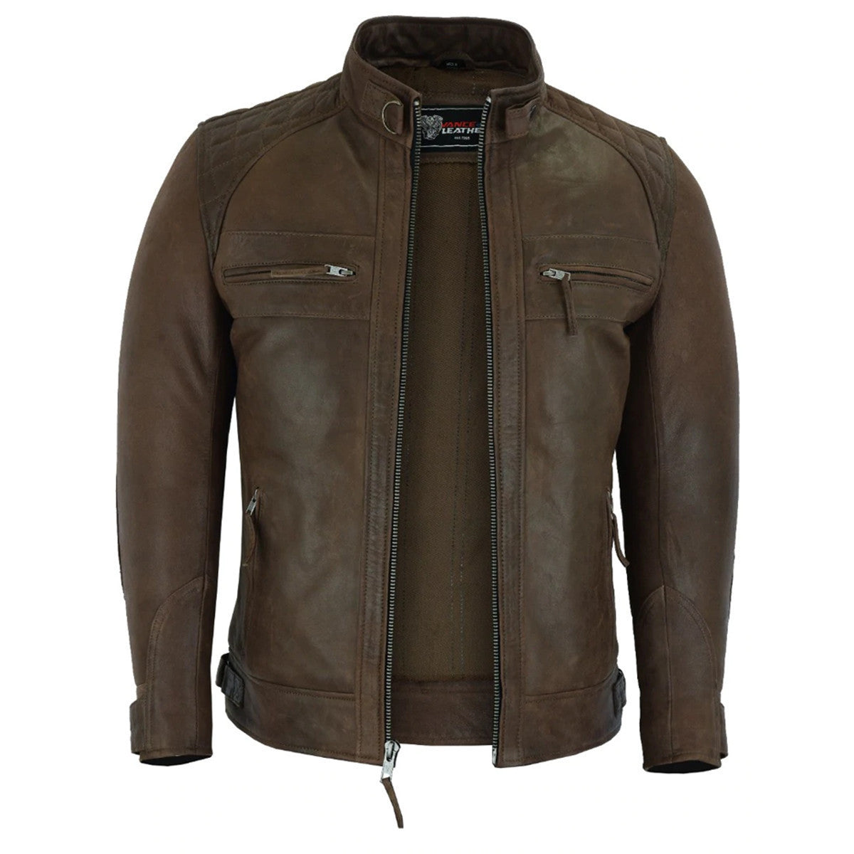 Vance Leather VL550CBr Men's Cafe Racer Waxed Lambskin Chocolate Brown Motorcycle Leather Jacket - main