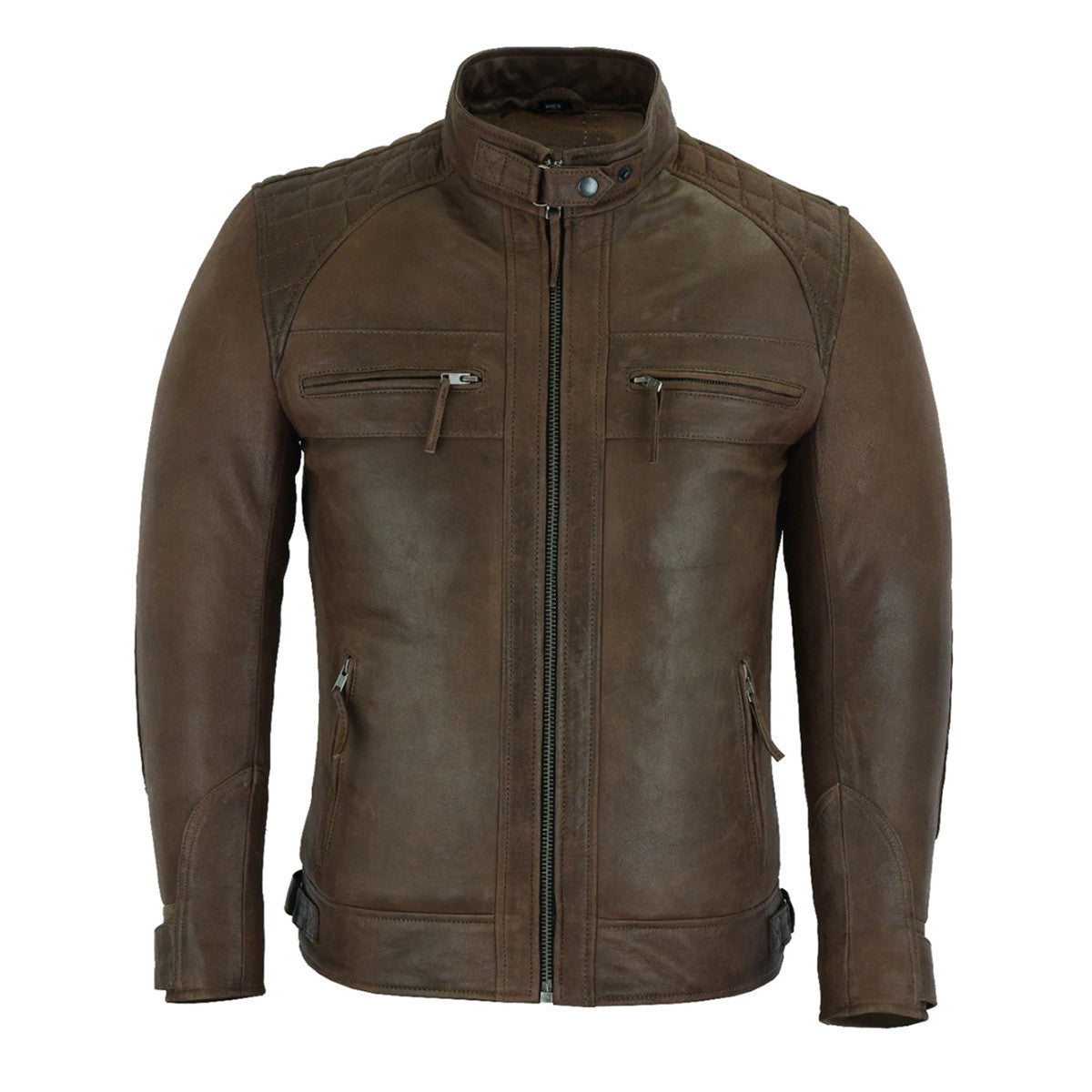 Vance Leather VL550CBr Men's Cafe Racer Waxed Lambskin Chocolate Brown Motorcycle Leather Jacket- front