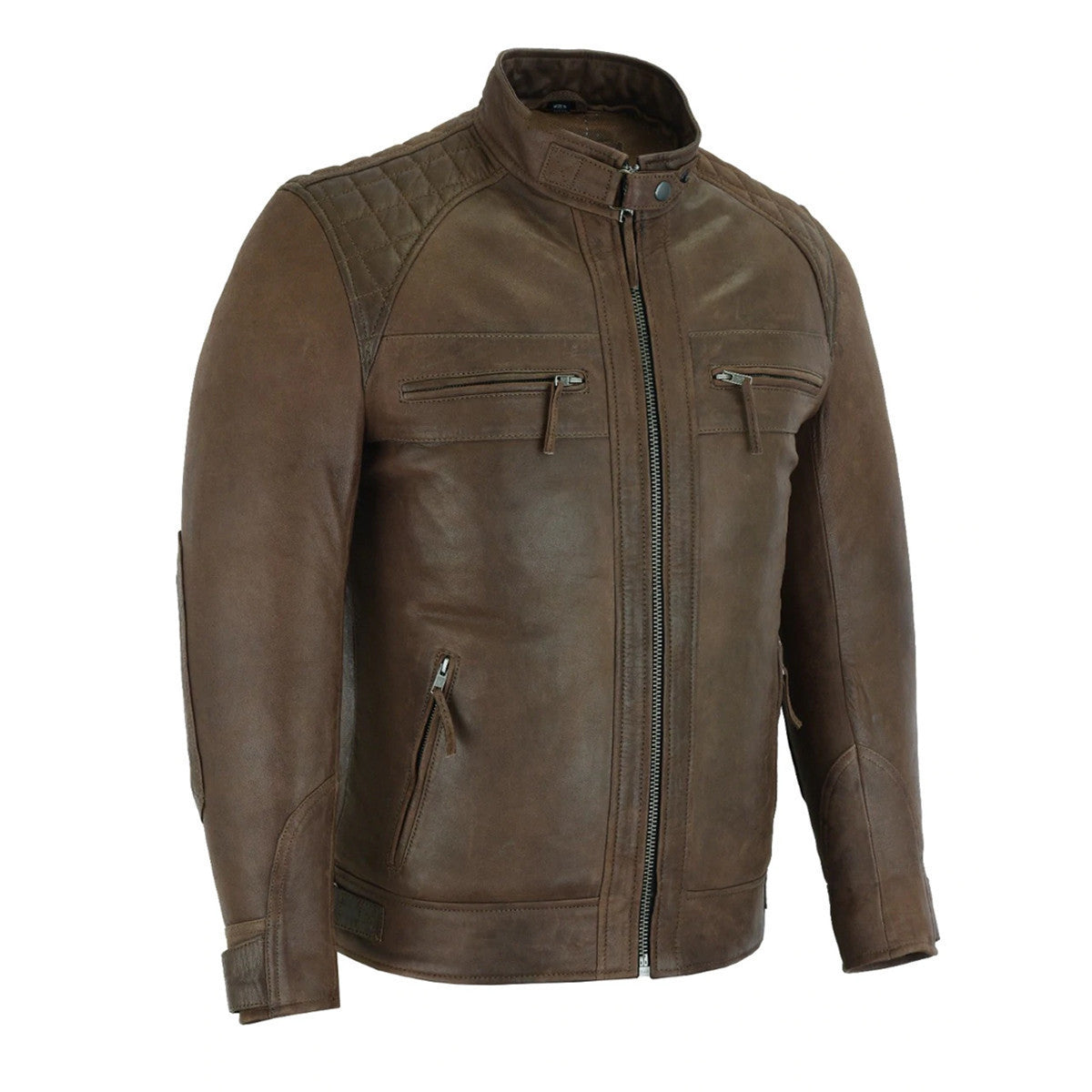 Vance Leather VL550CBr Men's Cafe Racer Waxed Lambskin Chocolate Brown Motorcycle Leather Jacket - side