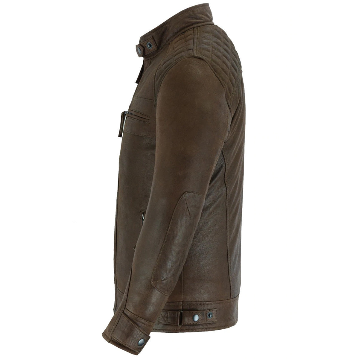 Vance Leather VL550CBr Men's Cafe Racer Waxed Lambskin Chocolate Brown Motorcycle Leather Jacket- side