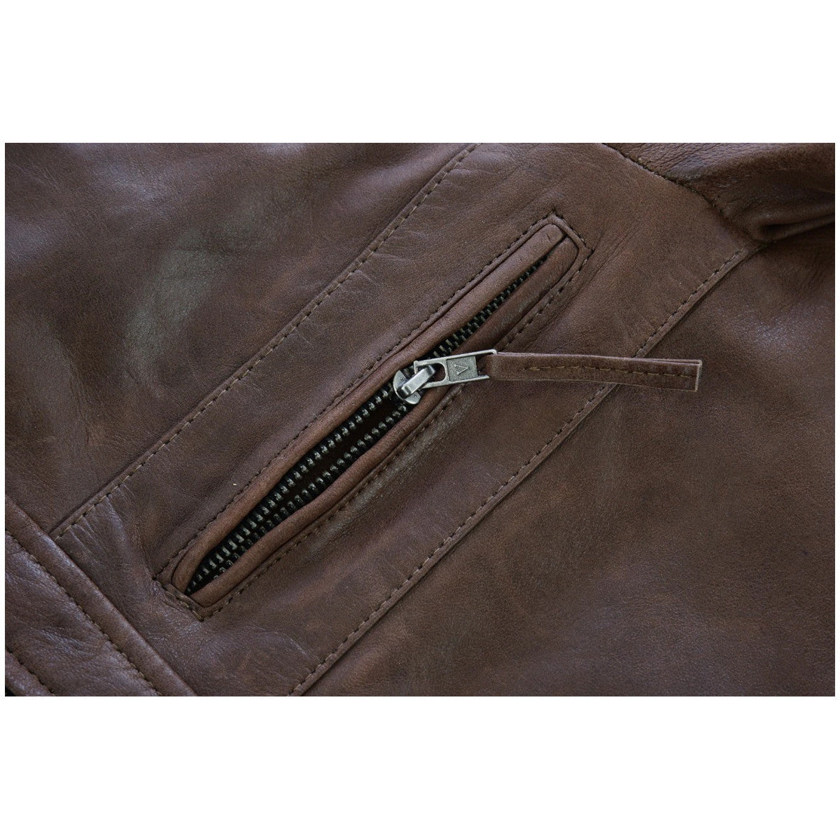 Vance Leather VL550CBr Men's Cafe Racer Waxed Lambskin Chocolate Brown Motorcycle Leather Jacket - detail