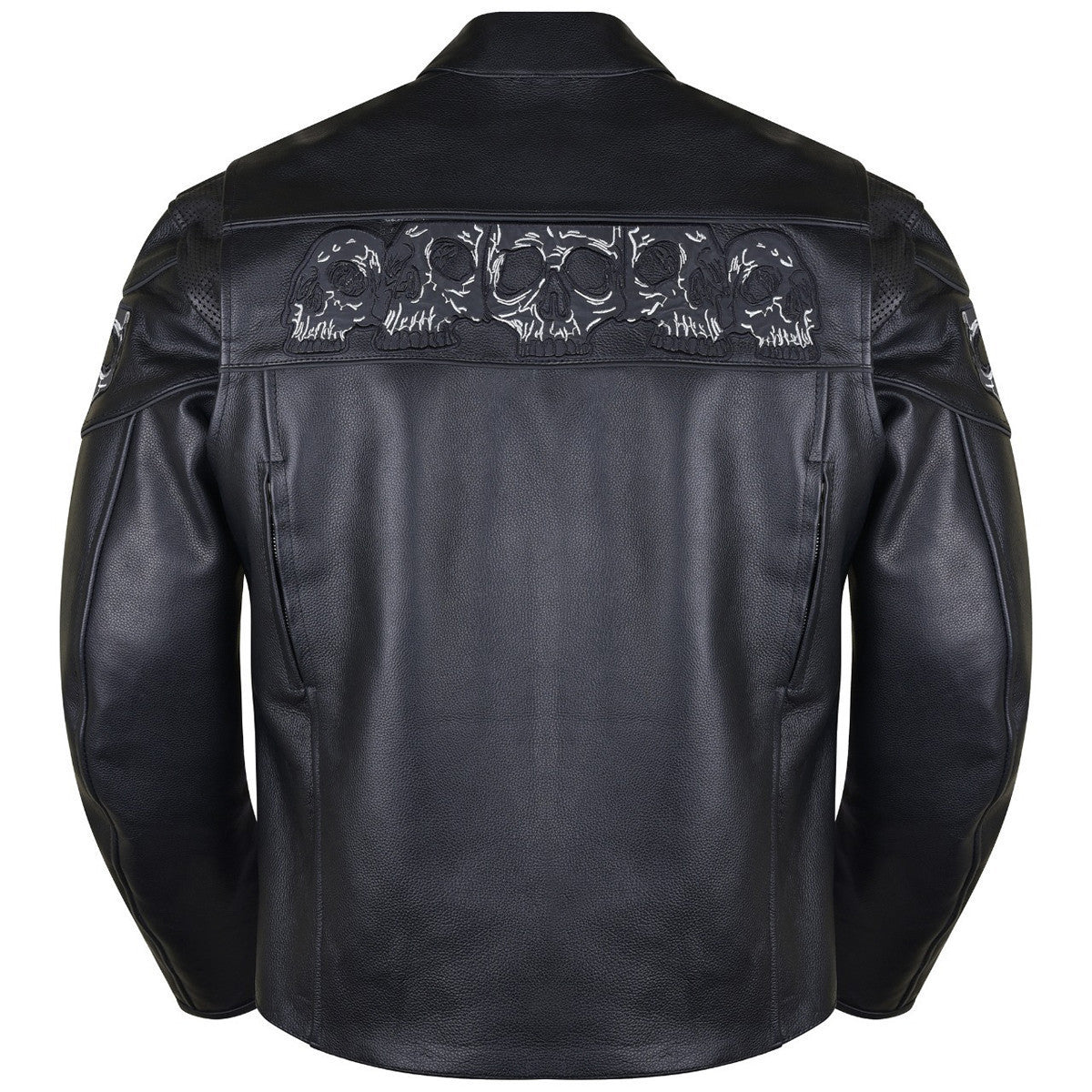 Vance VL535 Men's Black Reflective Skulls Premium Cowhide Leather Biker Motorcycle Riding Jacket - back