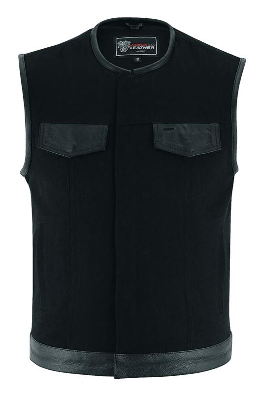 Denim-Black-Collarless-Club-Vest-Leather-trims-front