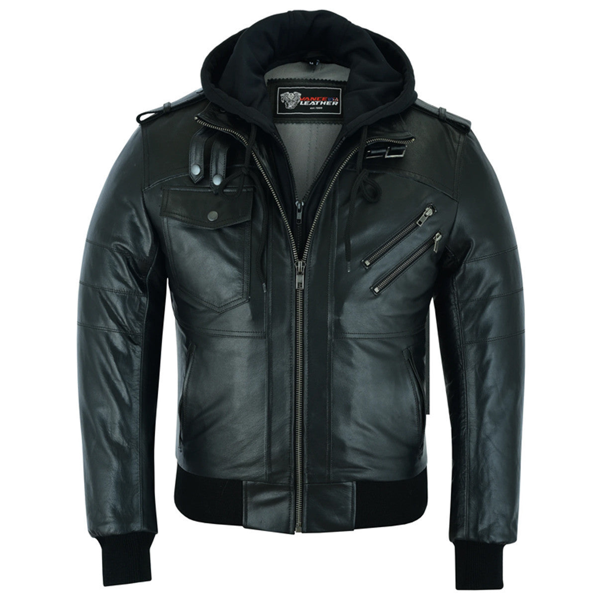 Vance Leather VL551B Men's Sven Bomber Black Waxed Premium Cowhide Motorcycle Leather Jacket with Removeable Hood  - front