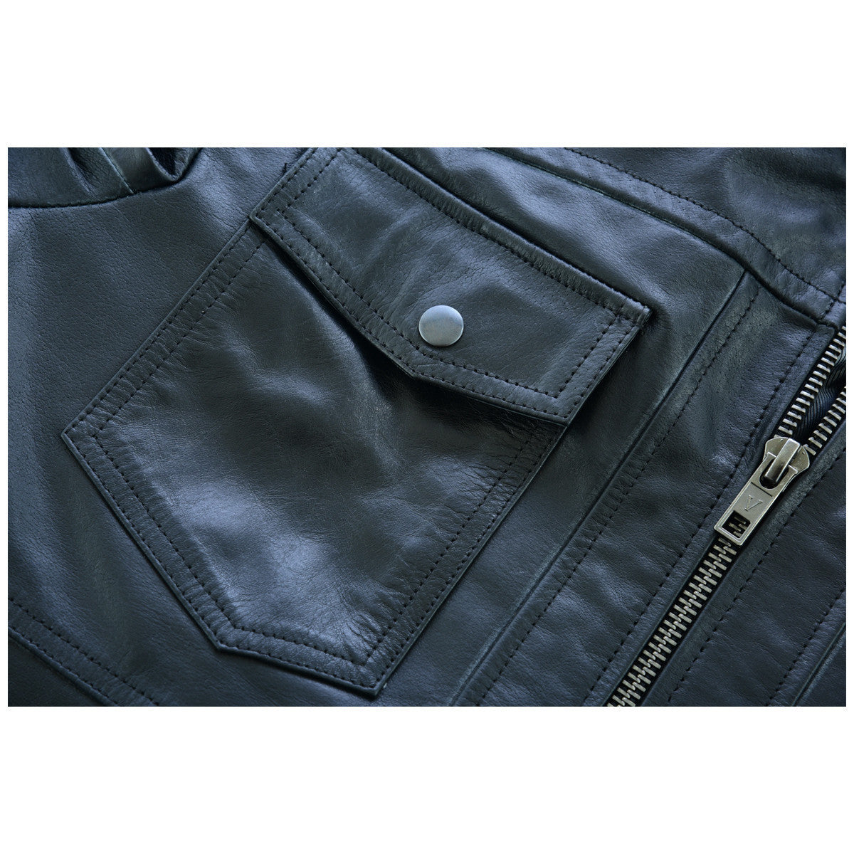 Vance Leather VL551B Men's Sven Bomber Black Waxed Premium Cowhide Motorcycle Leather Jacket with Removeable Hood  - detail