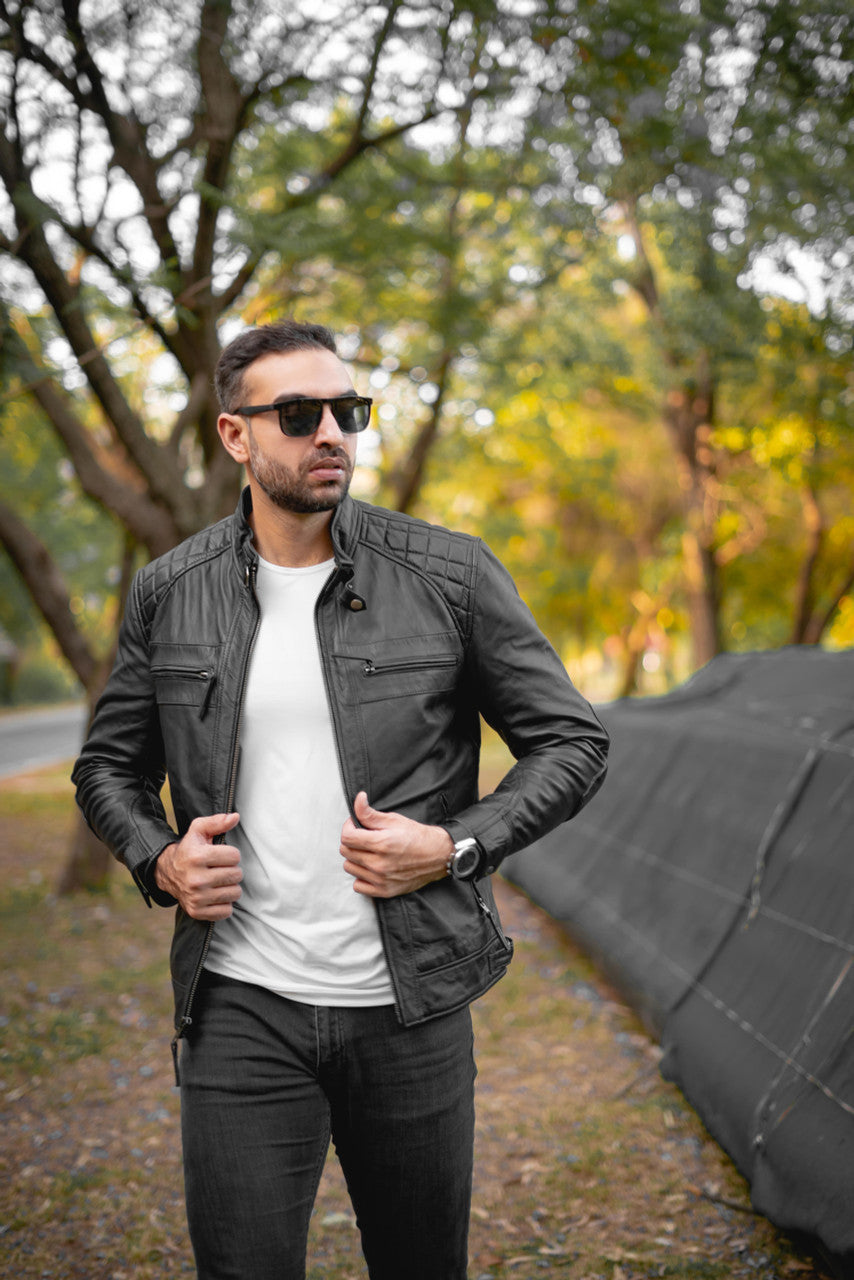 Mens Cafe Racer Gatsby Black Waxed Lambskin Motorcycle Leather Jacket