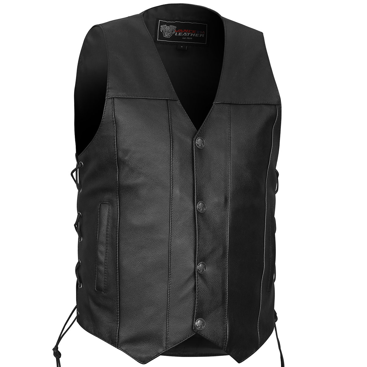 Vance VL907 Mens Black Premium Cowhide Leather Biker Motorcycle Vest with Buffalo Nickel Snaps and Conceal Carry Pocket- Main