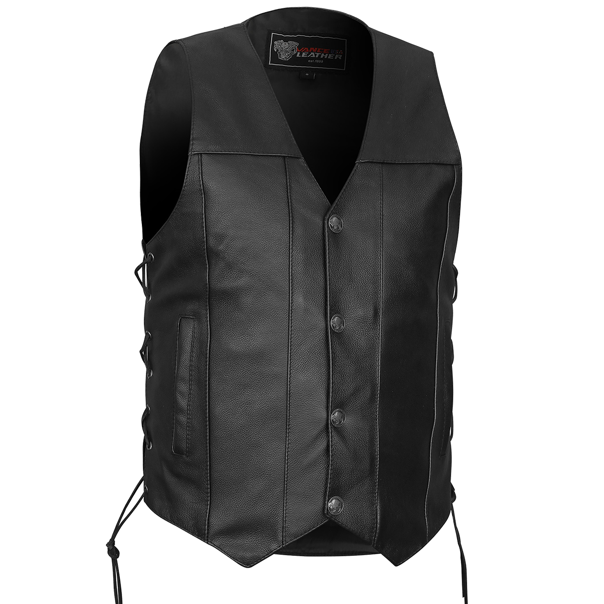 Vance VL907 Mens Black Premium Cowhide Leather Biker Motorcycle Vest with Buffalo Nickel Snaps and Conceal Carry Pocket- Front