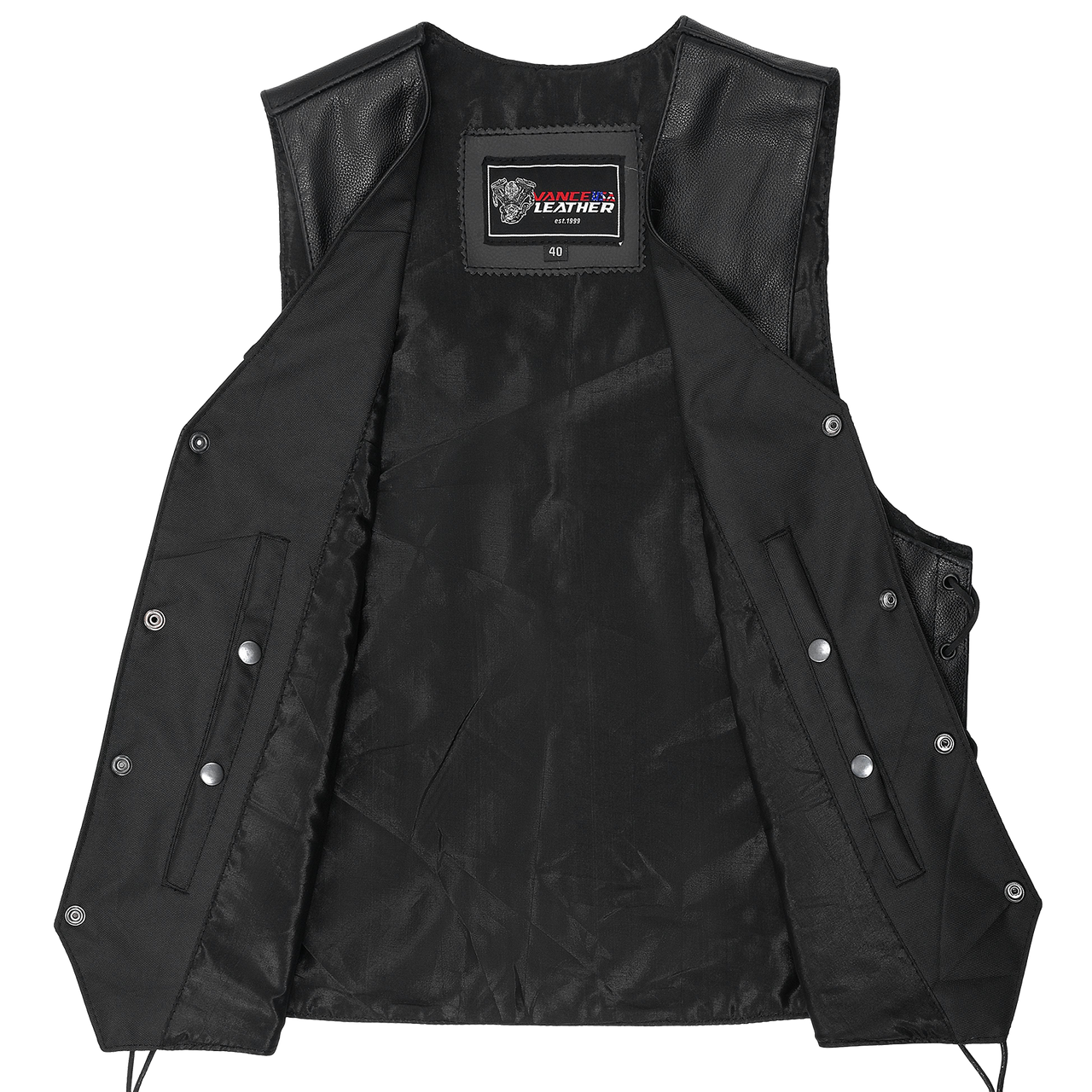 Vance VL922 Men's Black Side Laces Premium Cowhide Leather Biker Motorcycle Vest - inner-view