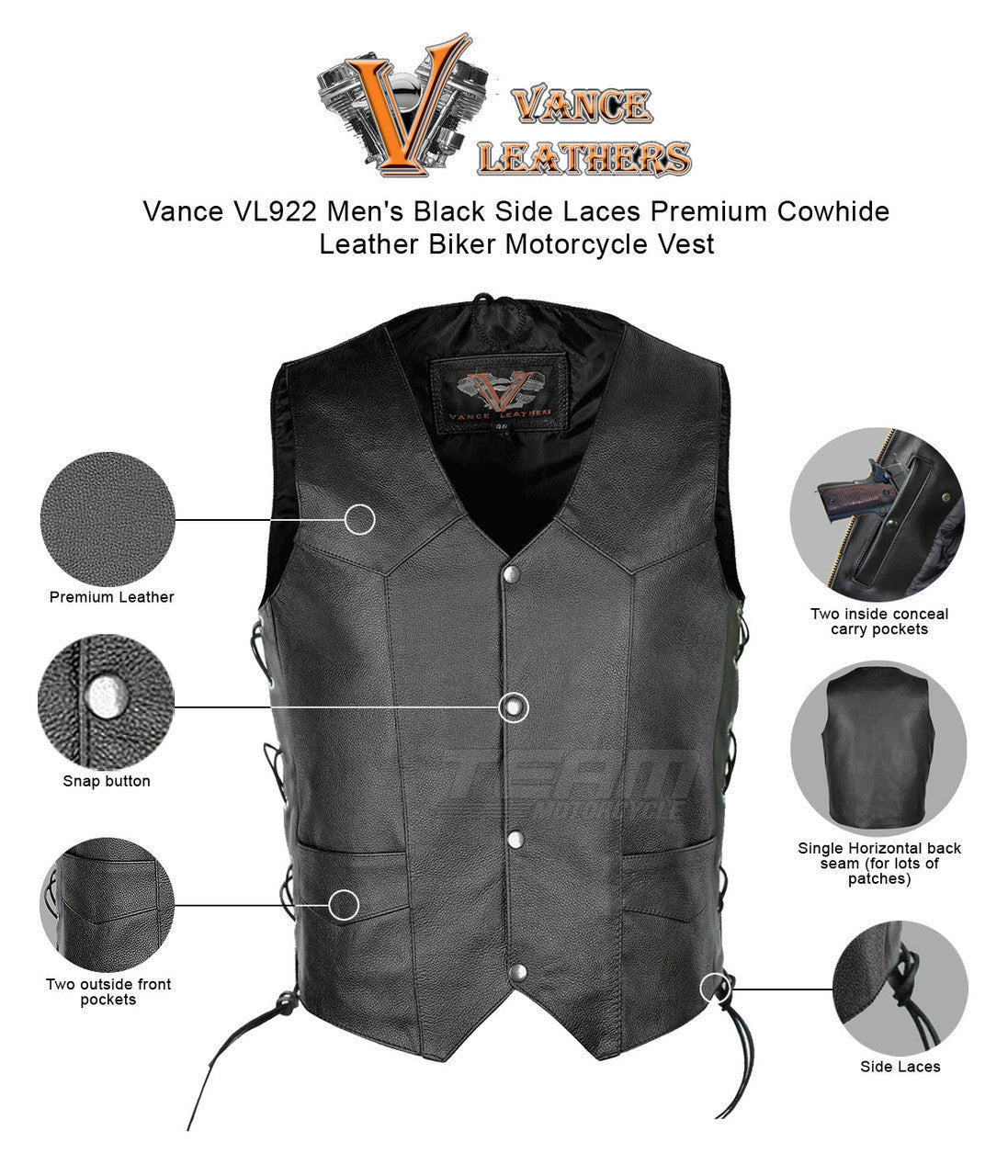 Vance VL922 Men's Black Side Laces Premium Cowhide Leather Biker Motorcycle Vest - Infographics